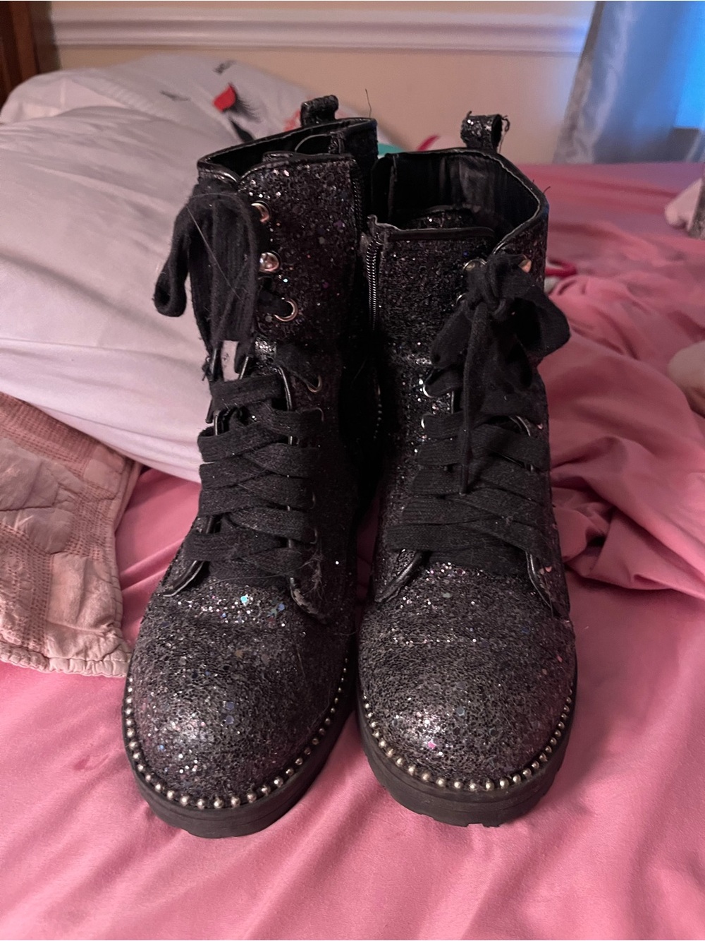 Women's Black Glitter Lace-Up Combat Boots
